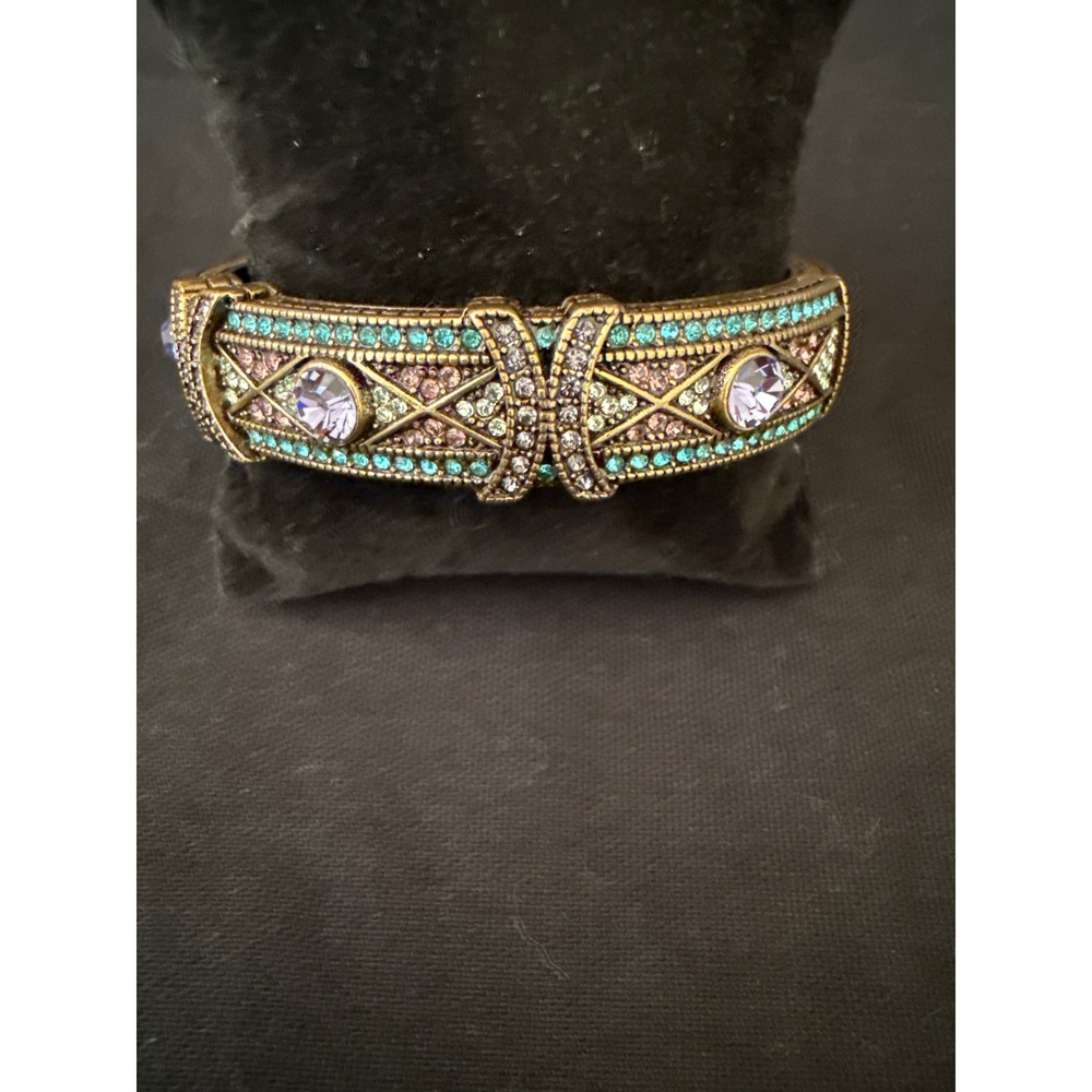 Heidi Daus Art Deco Multi Color Crystal Bronze Tone Hinged Cuff Bracelet